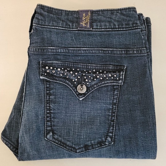 Aura Womens Bootcut Leg Rhinestones Jeans Size 8 S Dark Wash Western Denim - Picture 2 of 15